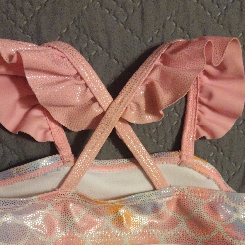 Pink and Multicolor Kids Mermaid Bikini 3 Pc Set. - Picture 7 of 7
